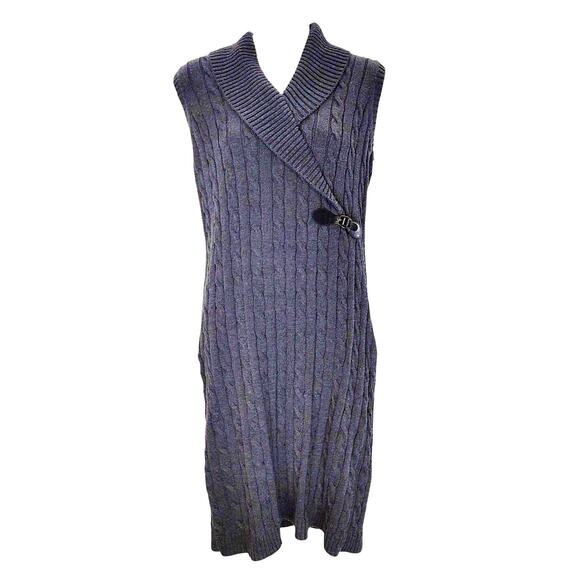 Calvin Klein Sleeveless Shawl Sweater Dress Buckle Cable Knit Rib Black Womens M - Picture 1 of 10